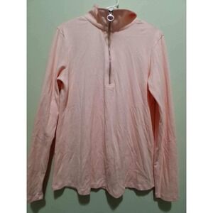 Women M Top Long Sleeve Zip Collared Polo Shirt Casual V Neck Fall Blouse Pink